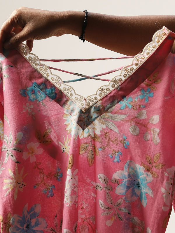 Cotton Hip Length Printed 3/4 Sleeve V-Neck Straight Top