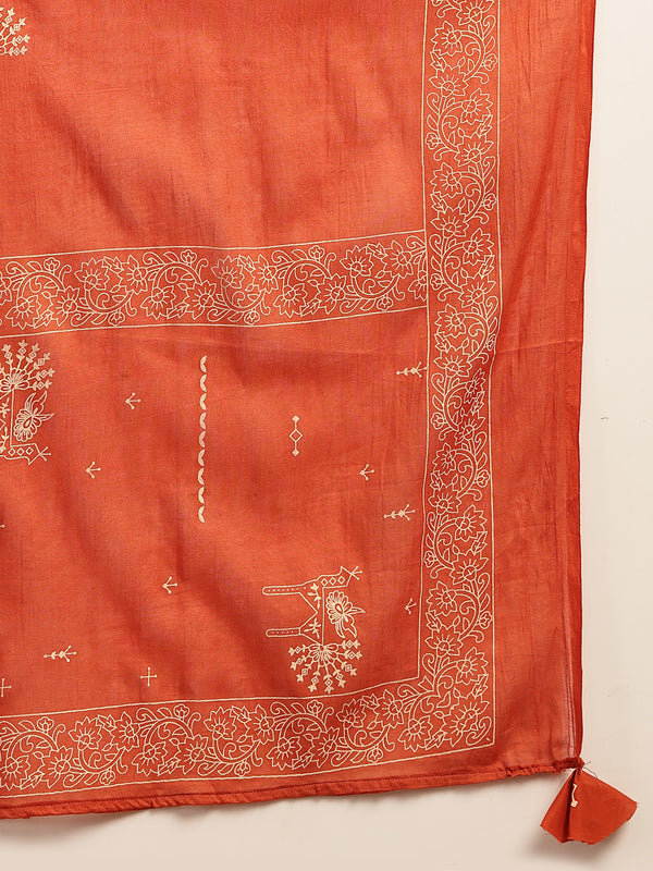 Gulmohar Jaipur Rayon Calf Length Printed 3/4 Sleeves V-Neck Straight Kurta Suit Set